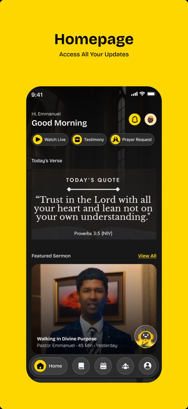 Ambassadors Word church app home screen with daily verse and featured sermon