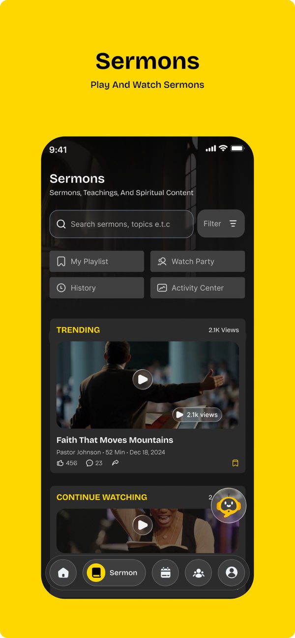 Ambassadors Word app sermons library with search, trending talks and the Pastey chat icon