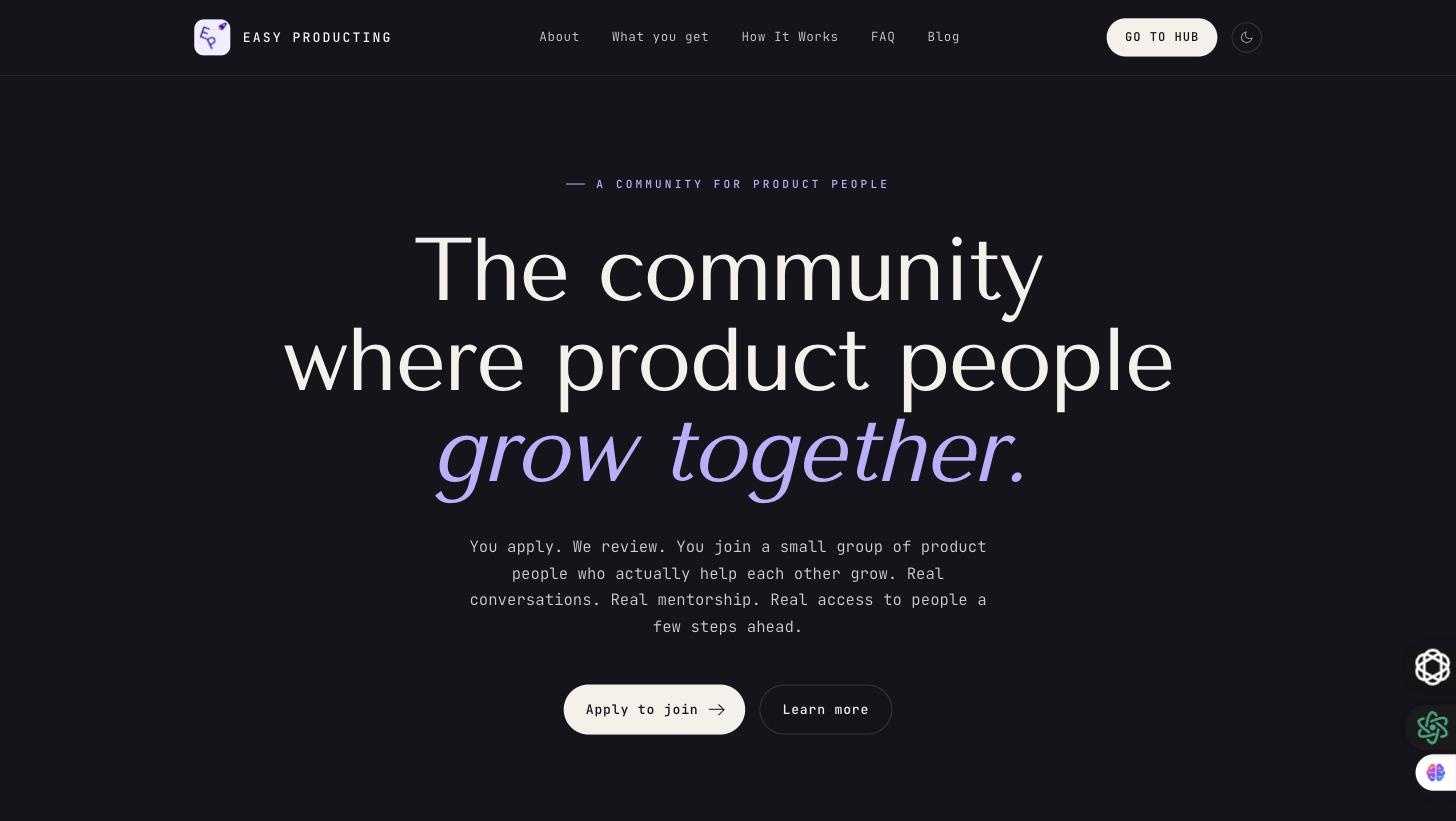 Easy Producting homepage — a community for product people