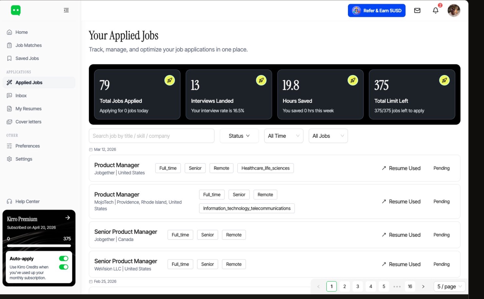 Kirro Applied Jobs dashboard tracking every application, interview rate and hours saved