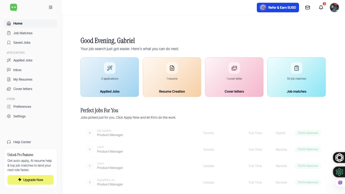 Kirro dashboard showing personalised job matches with fit-score percentages