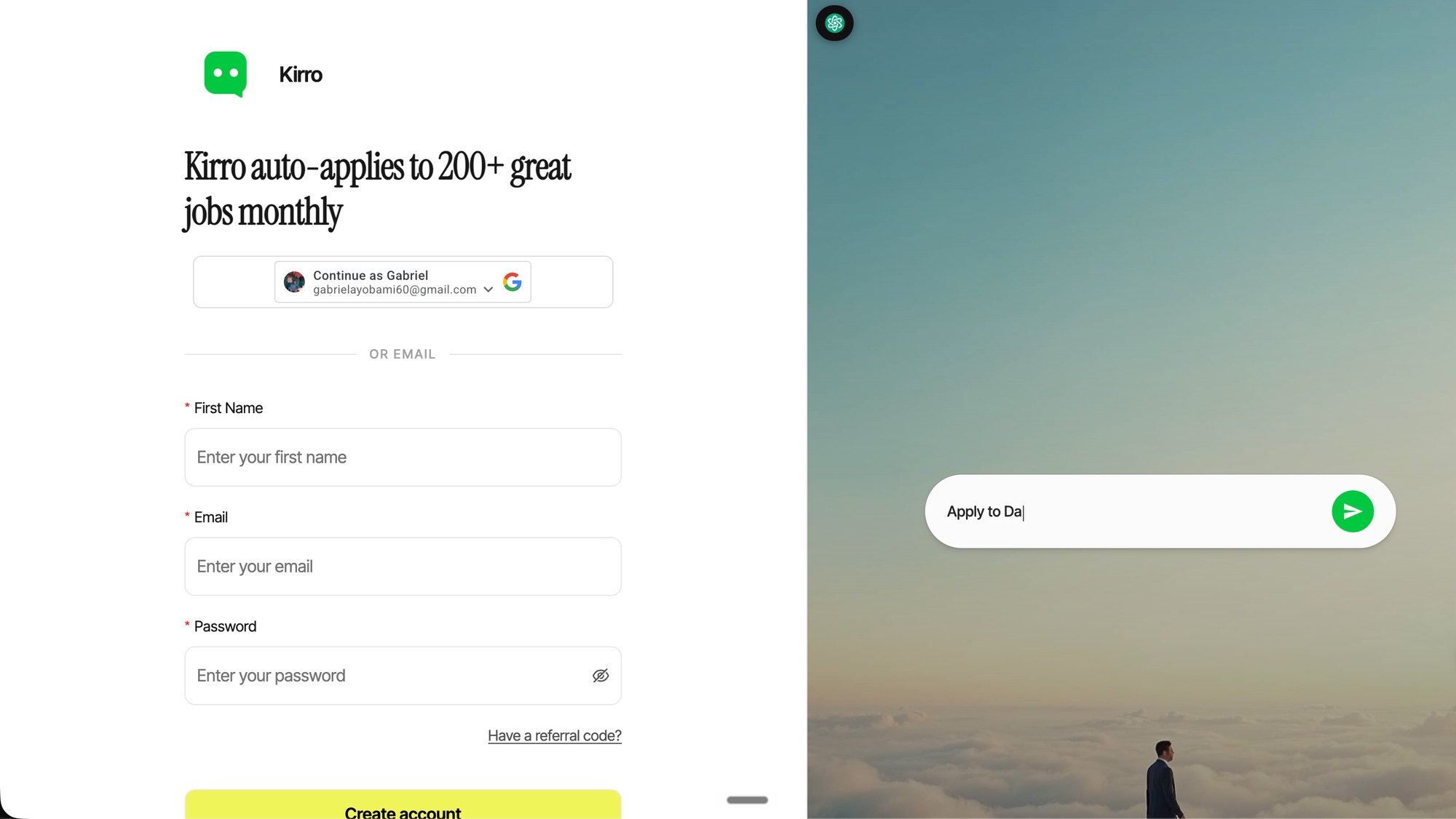 Kirro sign-up screen — auto-applies to 200+ great jobs monthly