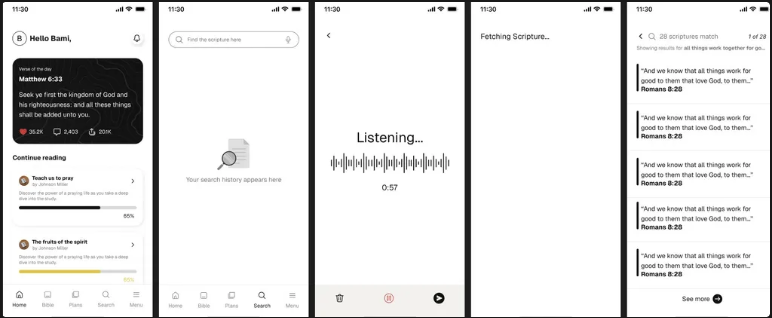 Voice-to-Scripture product walkthrough — home, search, voice listening, fetching and results screens