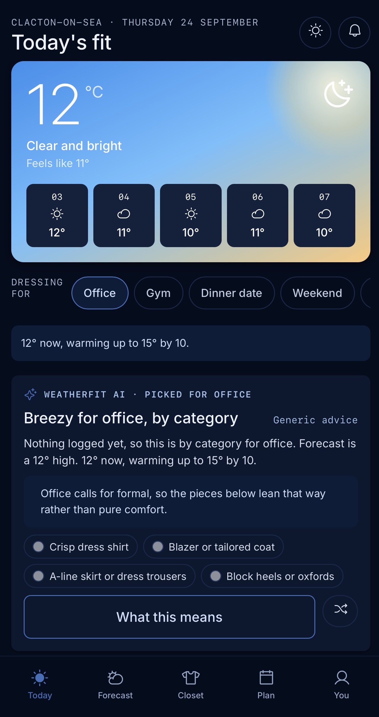 WeatherFit home screen showing today's weather and an AI-picked office outfit